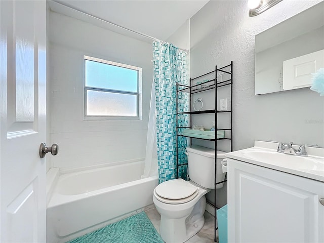 full bathroom featuring shower / bathtub combination with curtain, vanity, and toilet