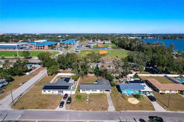 drone / aerial view featuring a water view