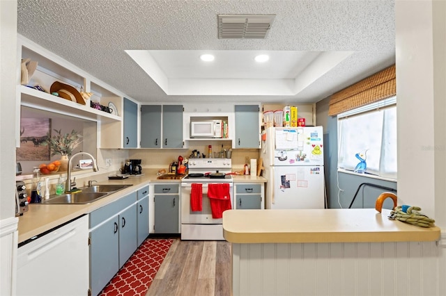 kitchen with sink, white appliances, dark hardwood / wood-style floors, a tray ceiling, and a textured ceiling