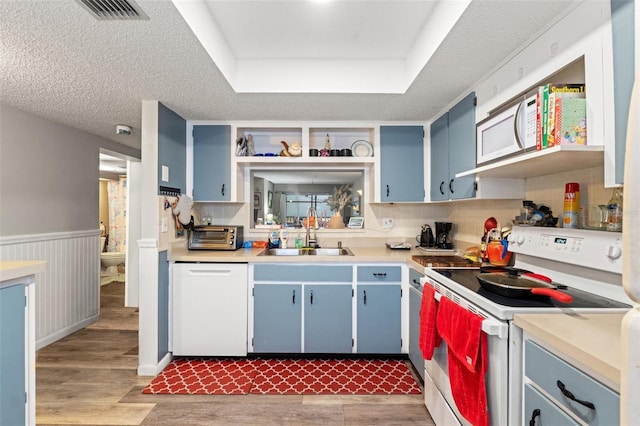 kitchen featuring blue cabinetry, white appliances, wood-type flooring, and sink