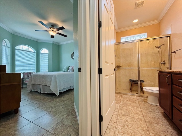 bedroom featuring ceiling fan, crown molding, and multiple windows