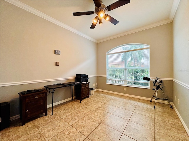 home office featuring light tile patterned floors, ceiling fan, and crown molding