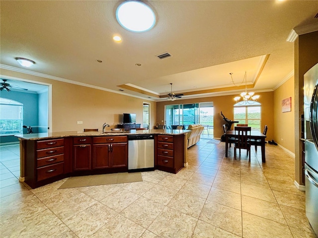 kitchen with dishwasher, a raised ceiling, sink, and crown molding