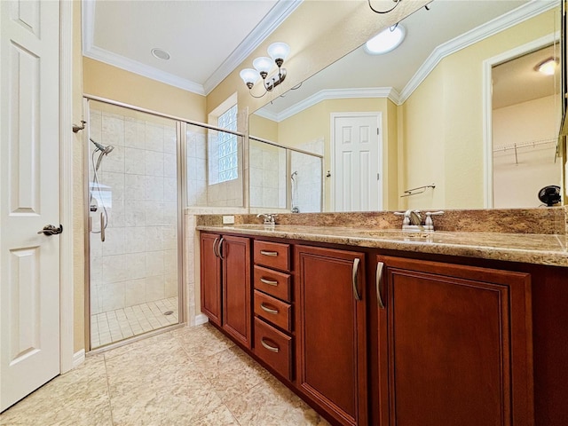 bathroom featuring vanity, walk in shower, and ornamental molding