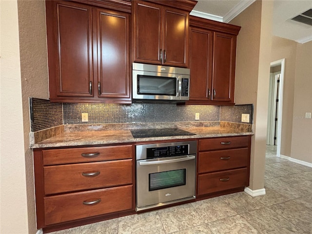 kitchen with stainless steel appliances, tasteful backsplash, ornamental molding, and stone countertops