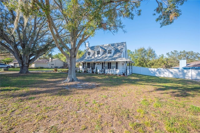 cape cod home with a porch and a front lawn