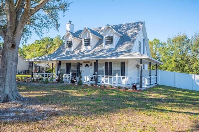 view of front of property featuring covered porch and a front yard