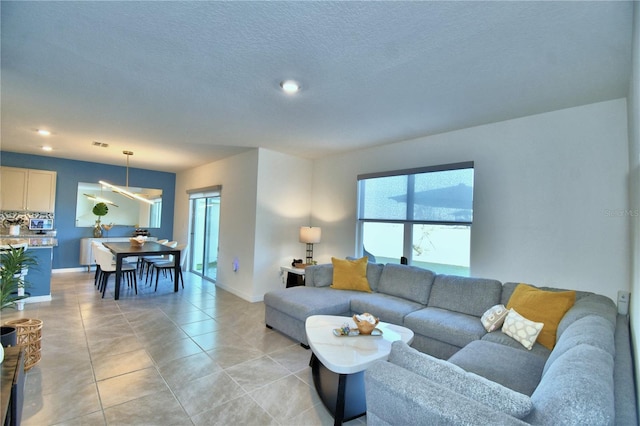 living room with a textured ceiling