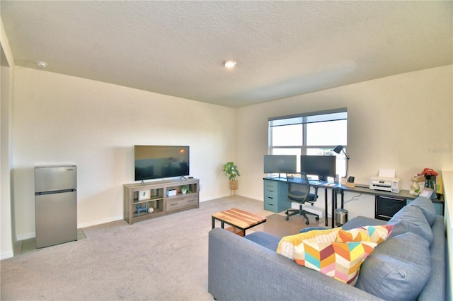 living room with light colored carpet and a textured ceiling