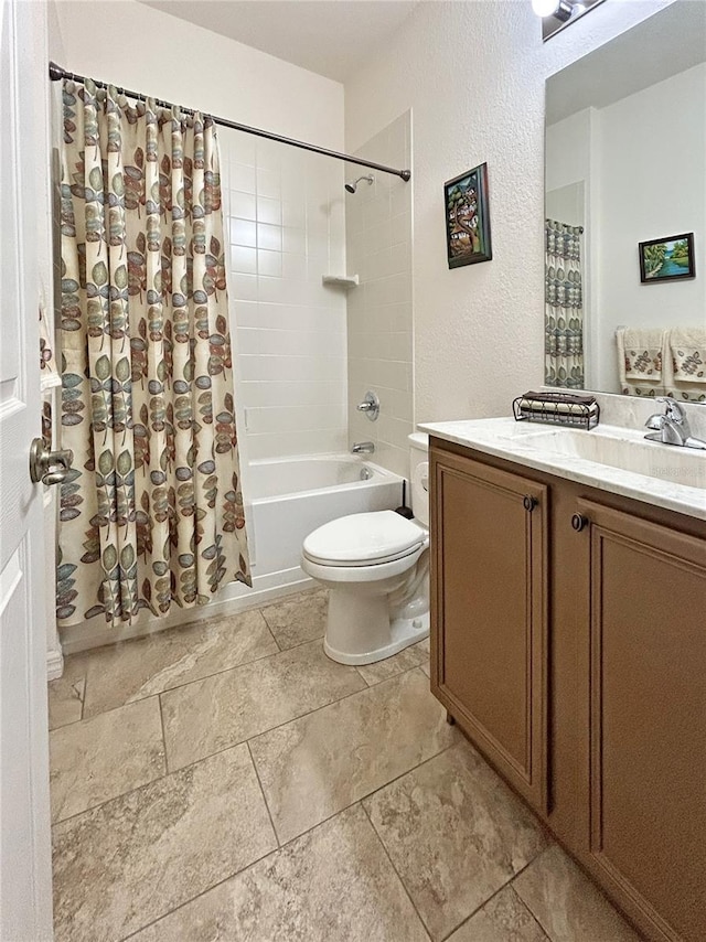 bathroom with toilet, shower / bath combination with curtain, and vanity