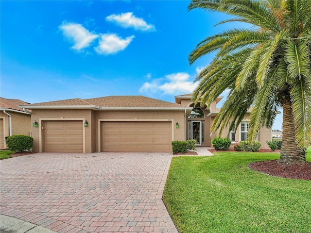 view of front of home with a front lawn and a garage