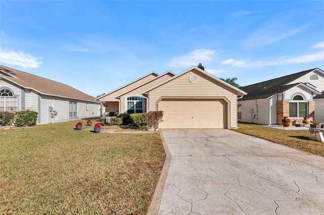 ranch-style home featuring a front lawn and a garage