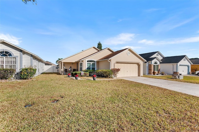 ranch-style home with a front lawn and a garage