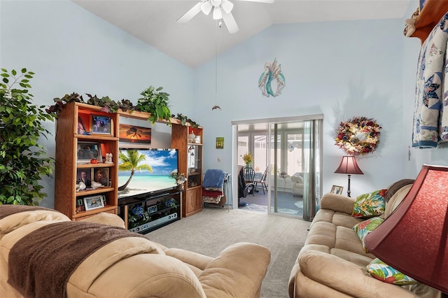 living room featuring ceiling fan, light colored carpet, and vaulted ceiling