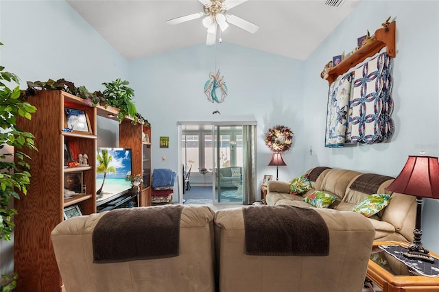 living room with ceiling fan and lofted ceiling