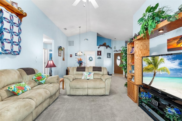 living room featuring ceiling fan, light carpet, and high vaulted ceiling