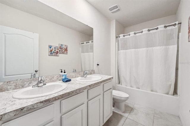 full bathroom with toilet, tile patterned flooring, vanity, and shower / bath combo