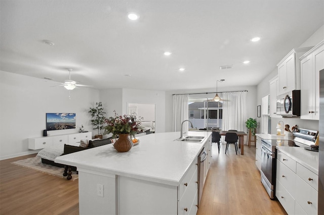 kitchen featuring appliances with stainless steel finishes, an island with sink, pendant lighting, white cabinets, and sink