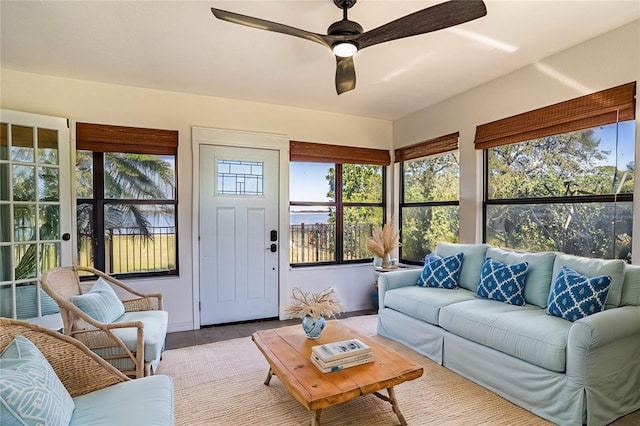 living room featuring ceiling fan