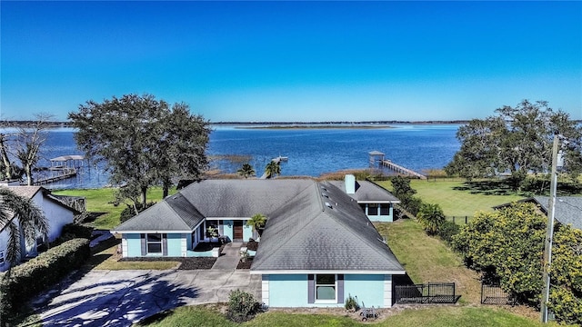 drone / aerial view featuring a water view