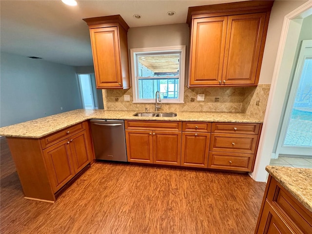 kitchen featuring tasteful backsplash, stainless steel dishwasher, kitchen peninsula, and sink