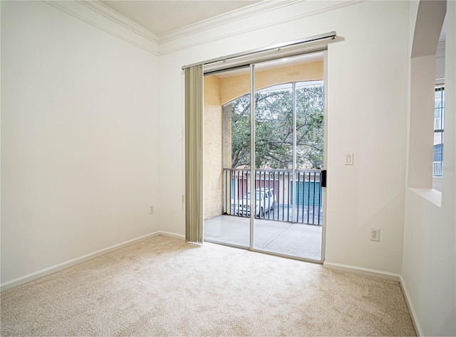 empty room featuring a wealth of natural light, carpet, and ornamental molding