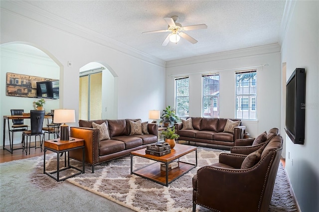 living room with ceiling fan, a textured ceiling, hardwood / wood-style flooring, and ornamental molding