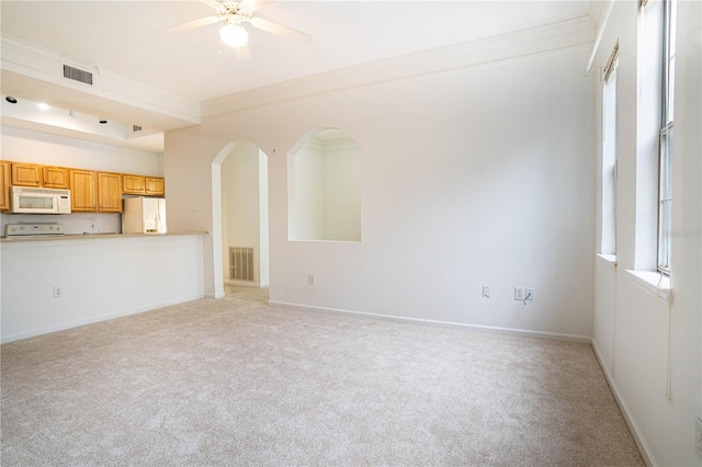 unfurnished living room with a wealth of natural light, light carpet, and crown molding