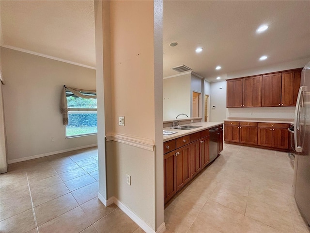 kitchen featuring dishwasher, sink, crown molding, and stainless steel refrigerator