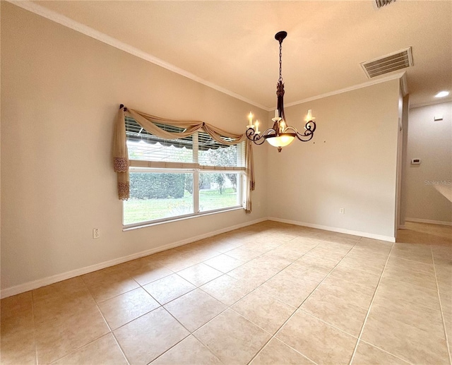 interior space featuring crown molding, light tile patterned floors, and an inviting chandelier