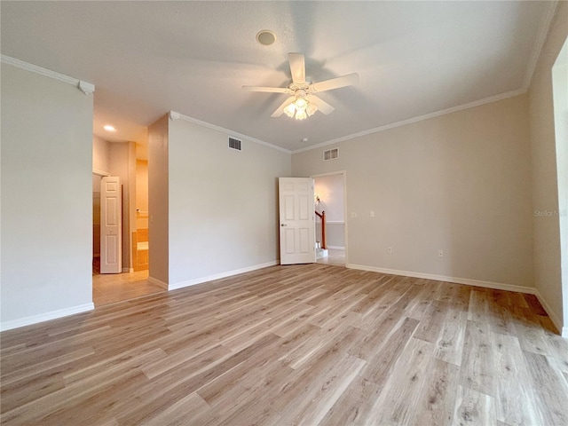 unfurnished bedroom featuring ceiling fan, crown molding, connected bathroom, and light hardwood / wood-style flooring