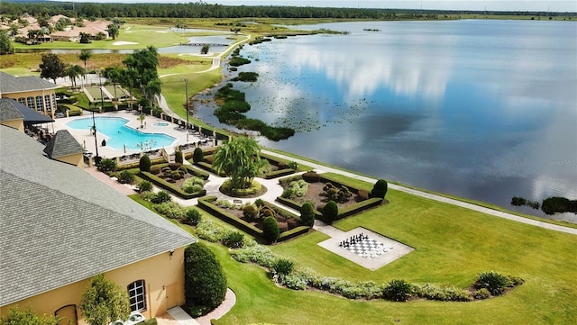 aerial view featuring a water view