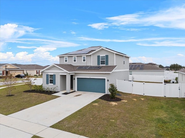 view of front facade featuring solar panels, a garage, and a front lawn