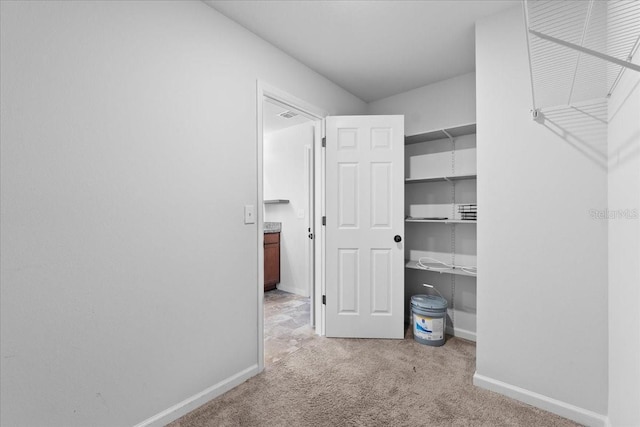 walk in closet with light carpet