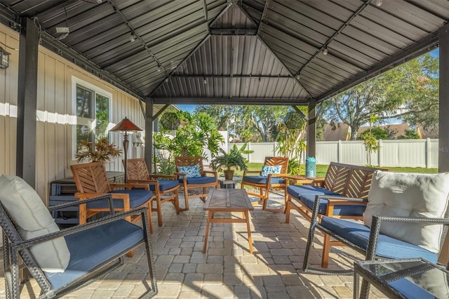 view of patio / terrace featuring an outdoor hangout area and a gazebo