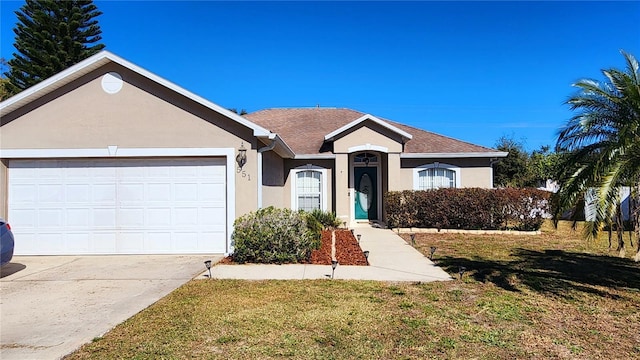 ranch-style house featuring a garage and a front yard