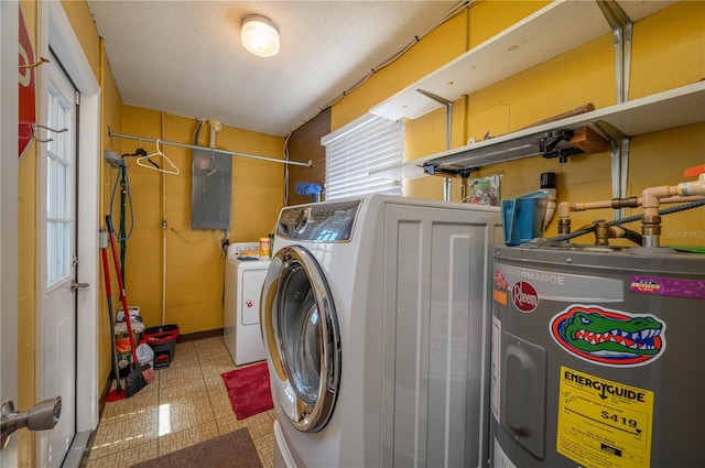 laundry area featuring washer and dryer, electric water heater, and electric panel