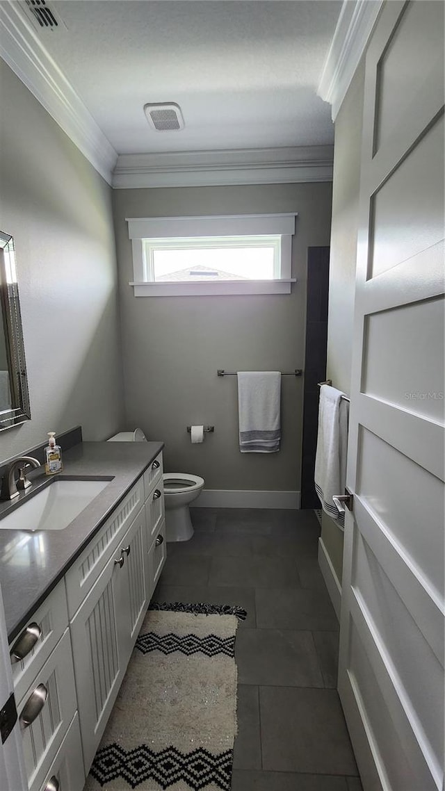 bathroom featuring ornamental molding, vanity, and plenty of natural light