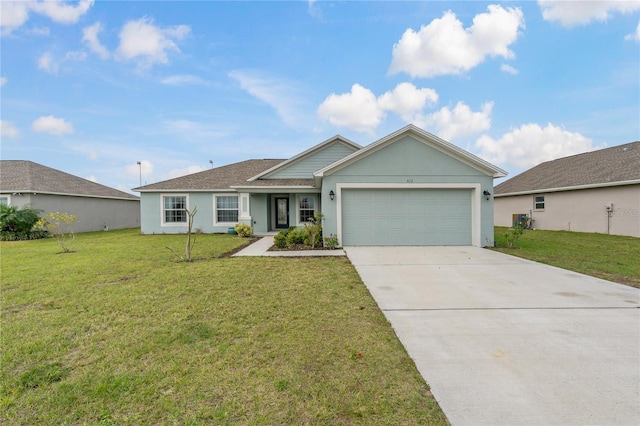 single story home featuring a garage and a front lawn