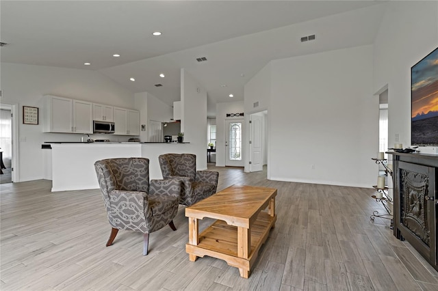 living room featuring lofted ceiling