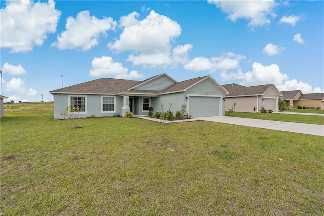 ranch-style house with a front lawn and a garage