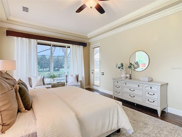 bedroom with ceiling fan, dark hardwood / wood-style floors, ornamental molding, and access to outside