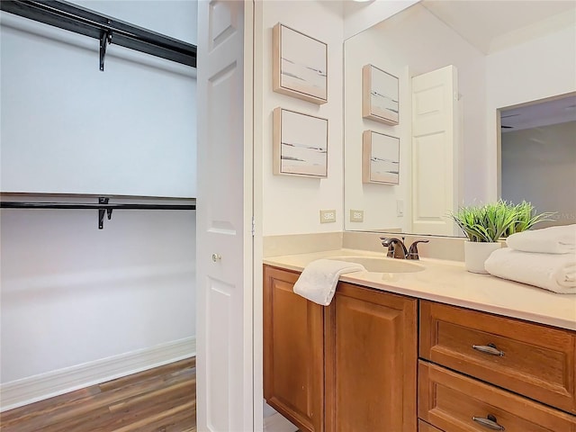 bathroom with hardwood / wood-style floors and vanity