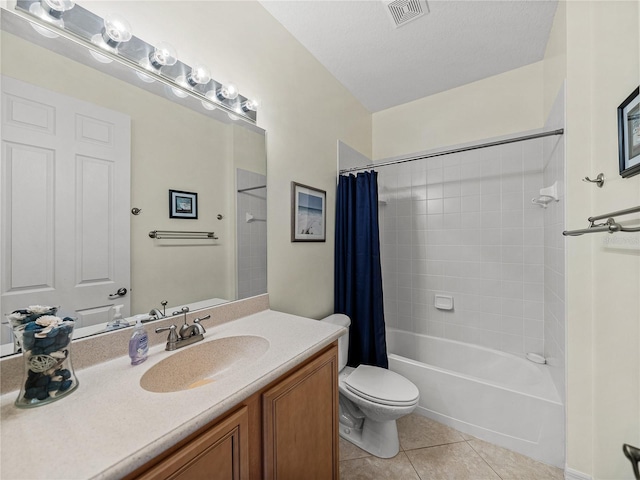 full bathroom with toilet, vanity, tile patterned flooring, and shower / bathtub combination with curtain