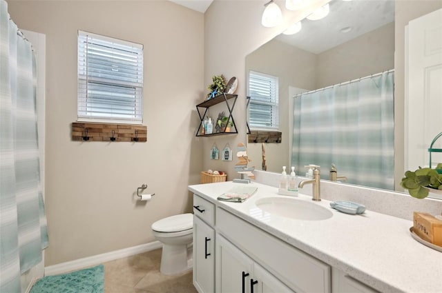 bathroom with toilet, vanity, tile patterned flooring, and a shower with shower curtain