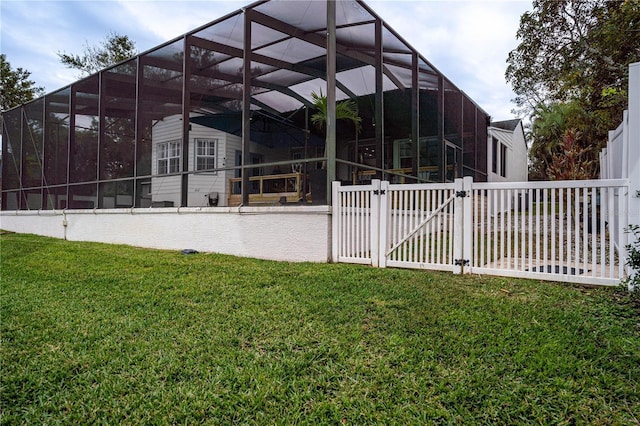 view of property exterior with a lanai and a yard