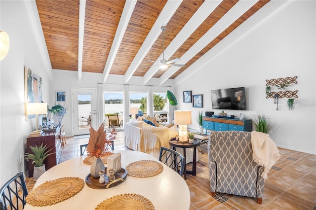 dining space featuring high vaulted ceiling, wooden ceiling, light tile patterned floors, and beamed ceiling