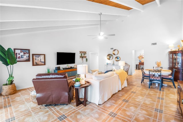 living room featuring ceiling fan, lofted ceiling with beams, wood ceiling, and tile patterned floors