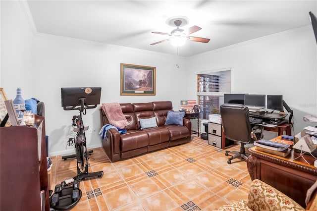 tiled home office featuring ceiling fan and ornamental molding