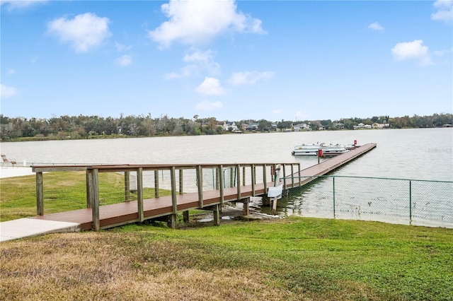 dock area with a water view and a lawn